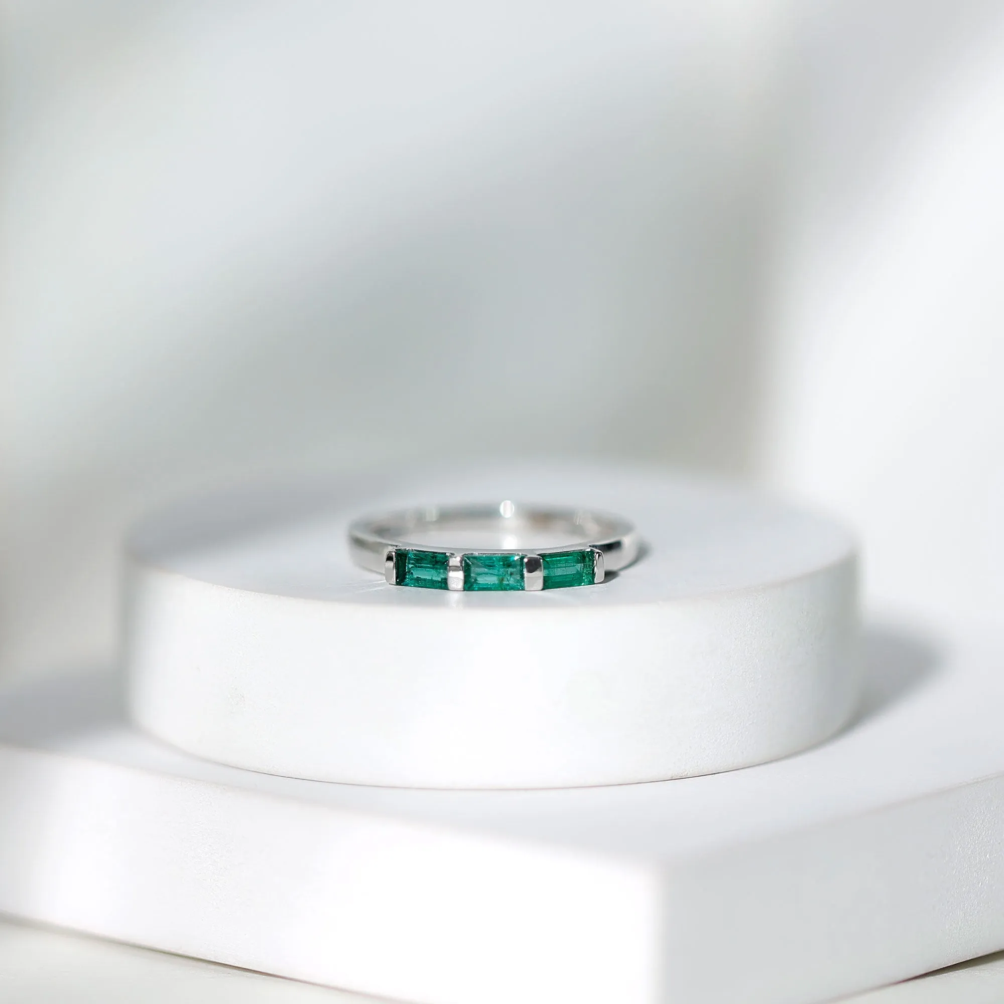 1/2 CT Baguette Cut Emerald Three Stone Stackable Ring