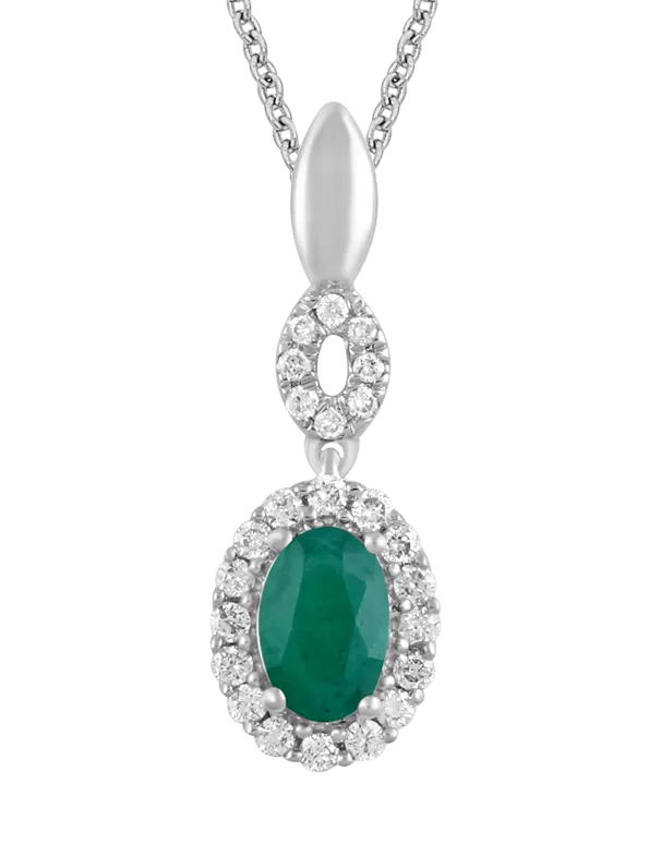 14ct White Gold Diamond Set & Natural Emerald Pendant & Earrings