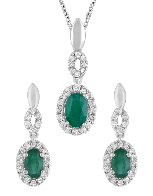 14ct White Gold Diamond Set & Natural Emerald Pendant & Earrings