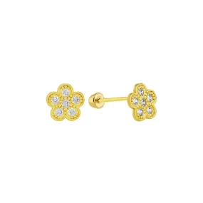 14E00316. - 14 Karat Yellow Gold CZ Flower Screw Back Stud Earring