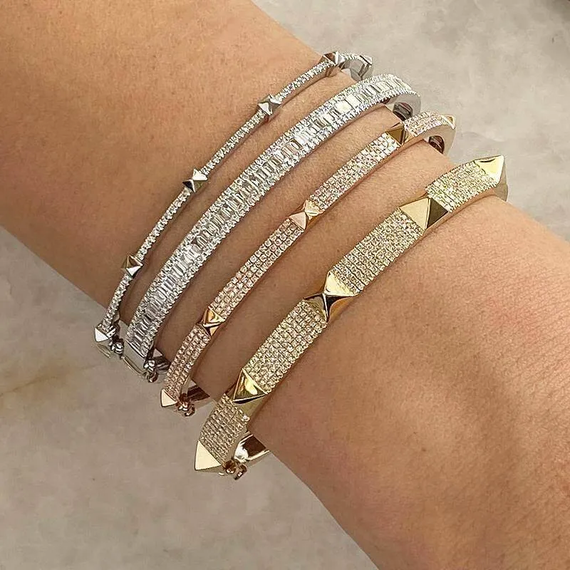 14K Gold 3-Row Diamond Pave Pyramid Stud Bangle