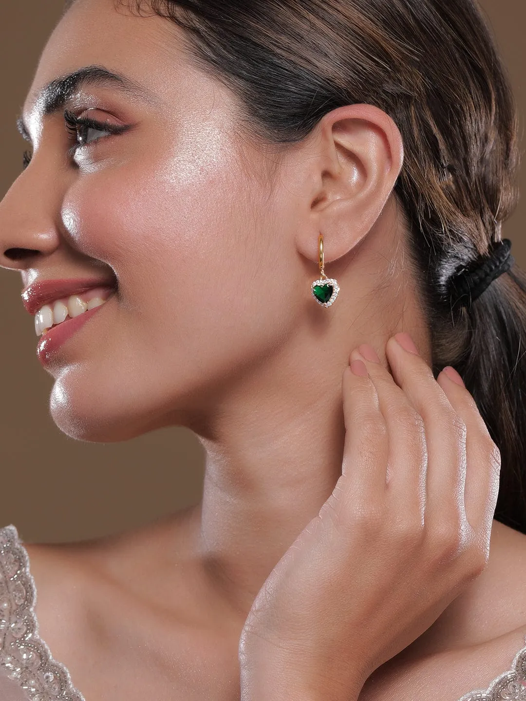 18K Gold Plated Stainless Steel Tarnish-Free Waterproof Emerald CZ Studded Drop Earrings