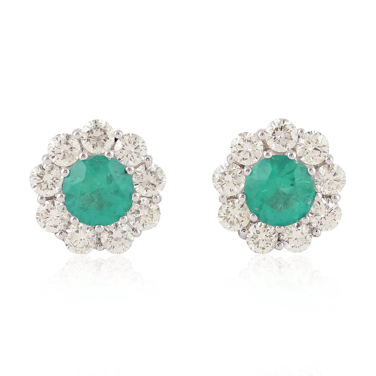 18K Solid White Gold Round Emerald Prong Diamond Flower Stud Jewelry For Her