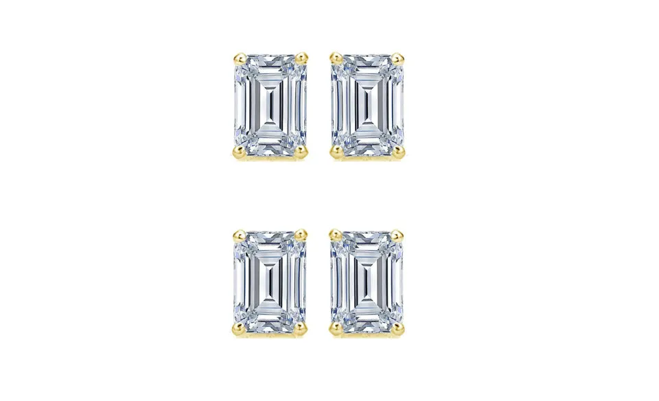 18k Yellow Gold 6mm 2Ct Emerald Cut White Sapphire Set Of Two Stud Earrings Plated