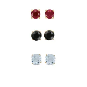 24k Yellow Gold Plated 4Ct Created Garnet, Black Sapphire and Aquamarine 3 Pair Round Stud Earrings