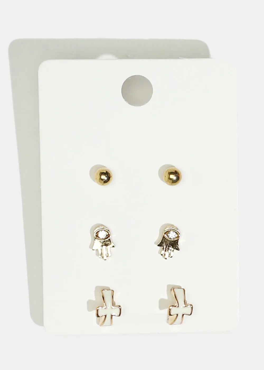 3-Pair Hamsa Hand & Cross Earrings