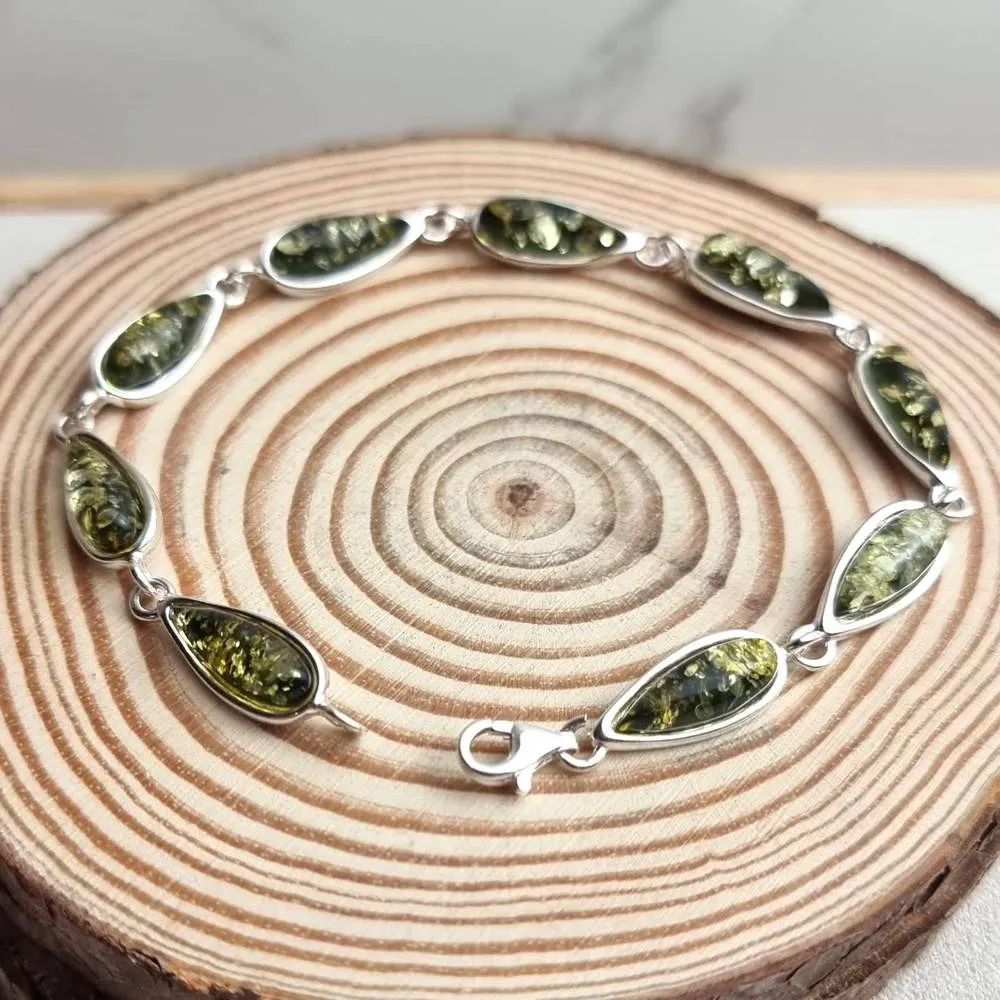 925 Sterling Silver & Genuine Baltic Amber Classic Link Bracelet - G502