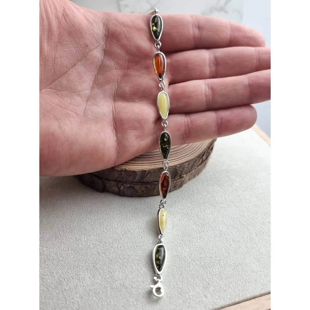 925 Sterling Silver & Genuine Baltic Amber Classic Link Bracelet - G502