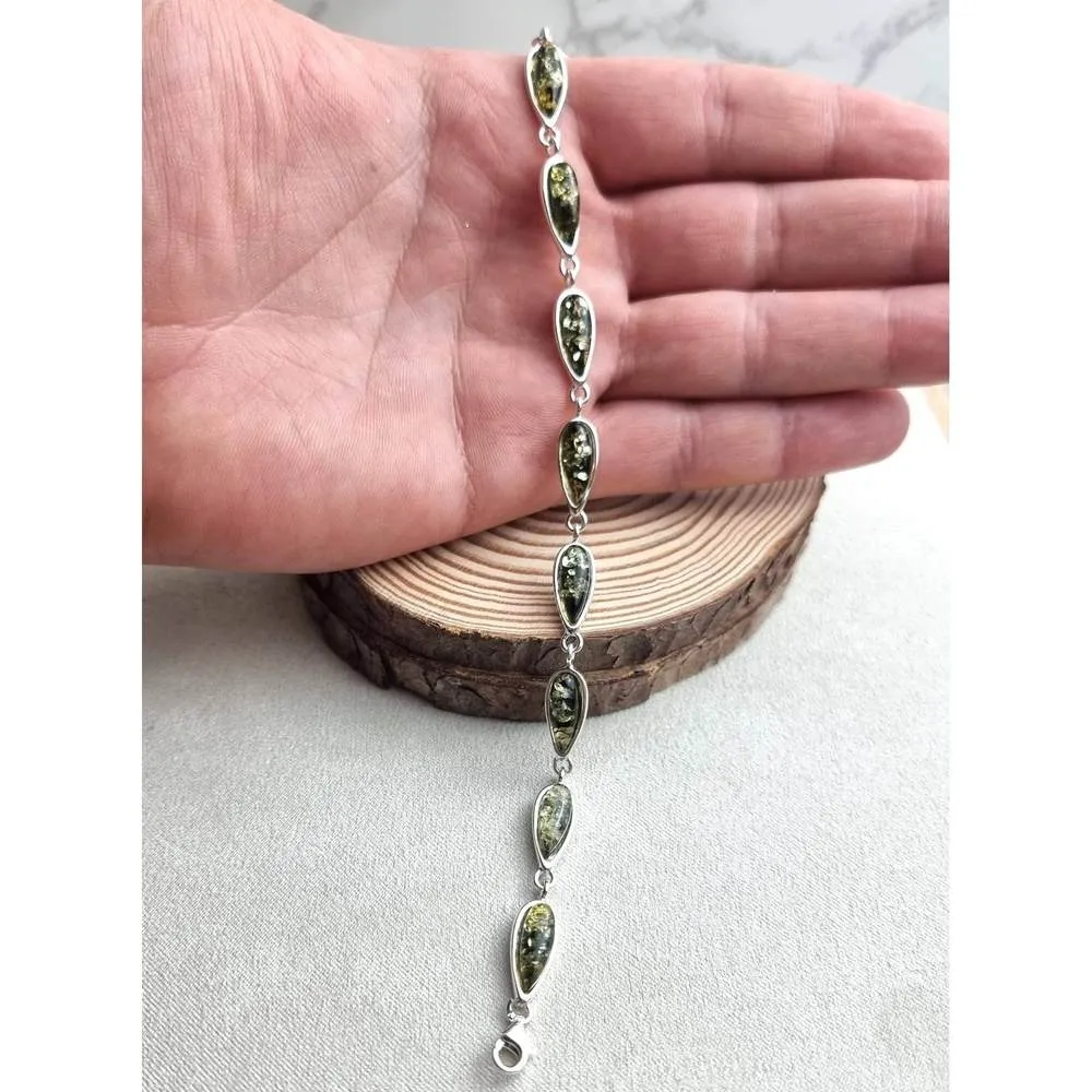925 Sterling Silver & Genuine Baltic Amber Classic Link Bracelet - G502
