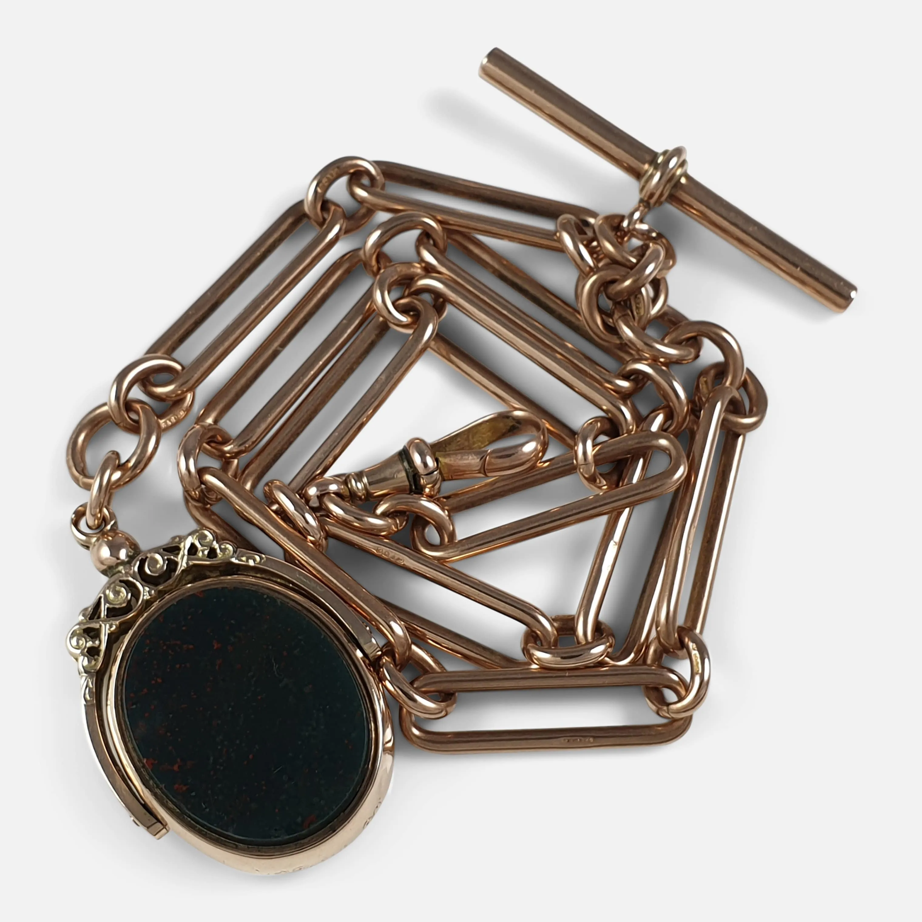 9ct Rose Gold Albert Chain with Bloodstone and Carnelian Fob