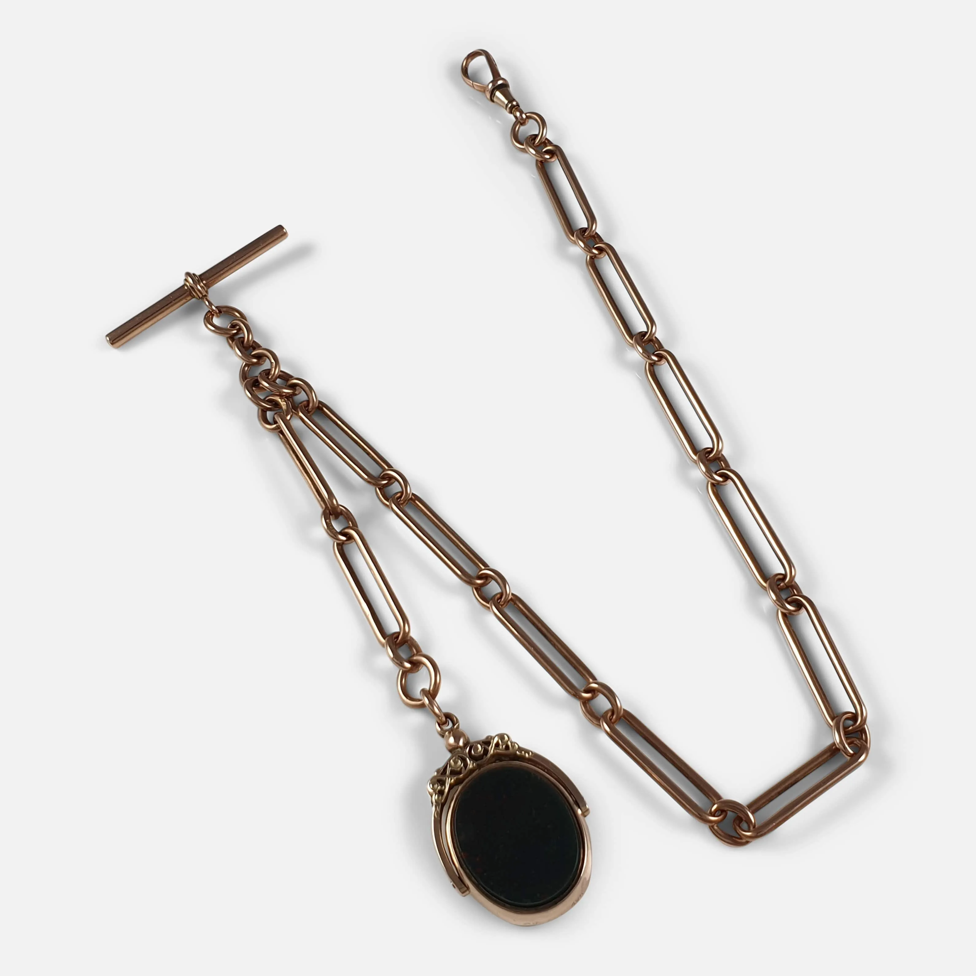 9ct Rose Gold Albert Chain with Bloodstone and Carnelian Fob