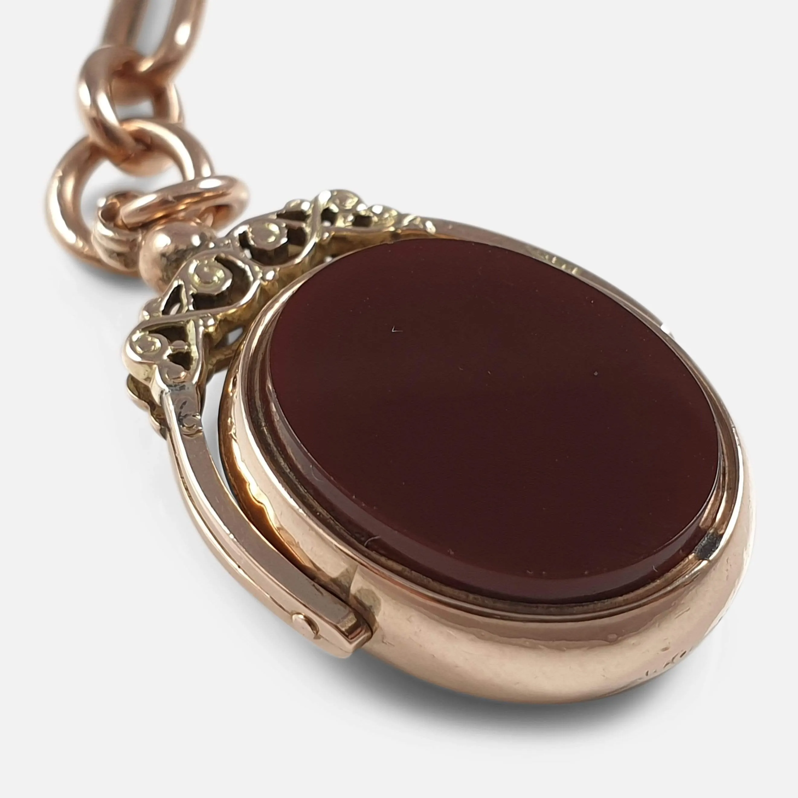 9ct Rose Gold Albert Chain with Bloodstone and Carnelian Fob
