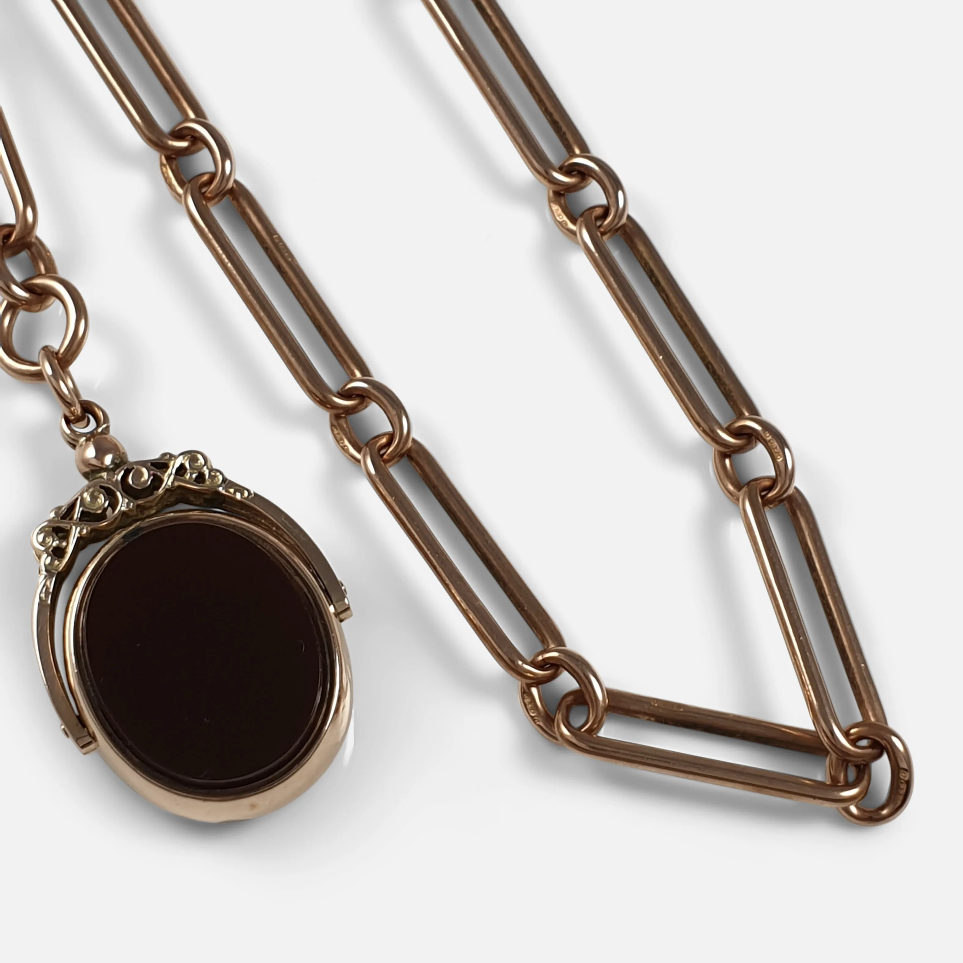 9ct Rose Gold Albert Chain with Bloodstone and Carnelian Fob