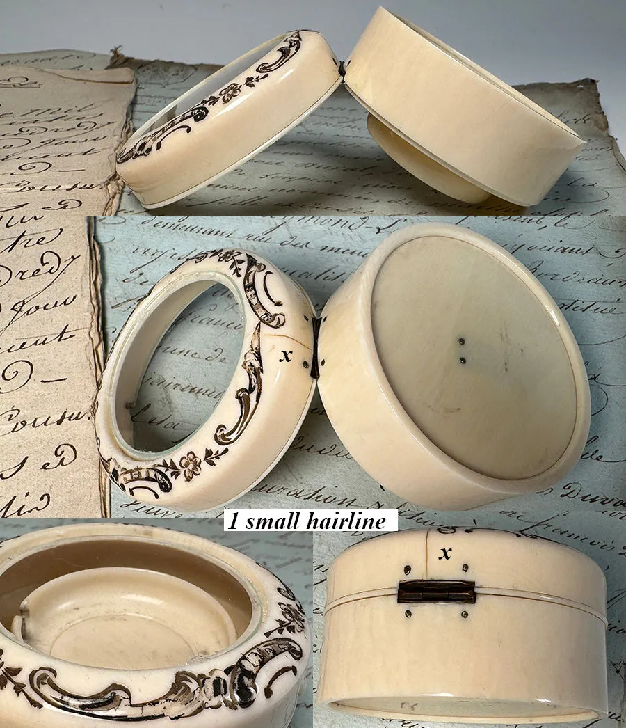 Antique c.1870s French Pocket Watch Box, Display Vitrine in Carved Ivory With Glass Lid, Painted Flowers