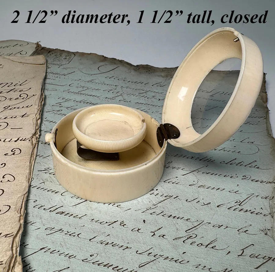 Antique c.1870s French Pocket Watch Box, Display Vitrine in Carved Ivory With Glass Lid, Painted Flowers