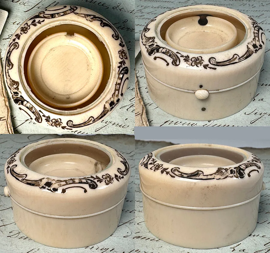 Antique c.1870s French Pocket Watch Box, Display Vitrine in Carved Ivory With Glass Lid, Painted Flowers
