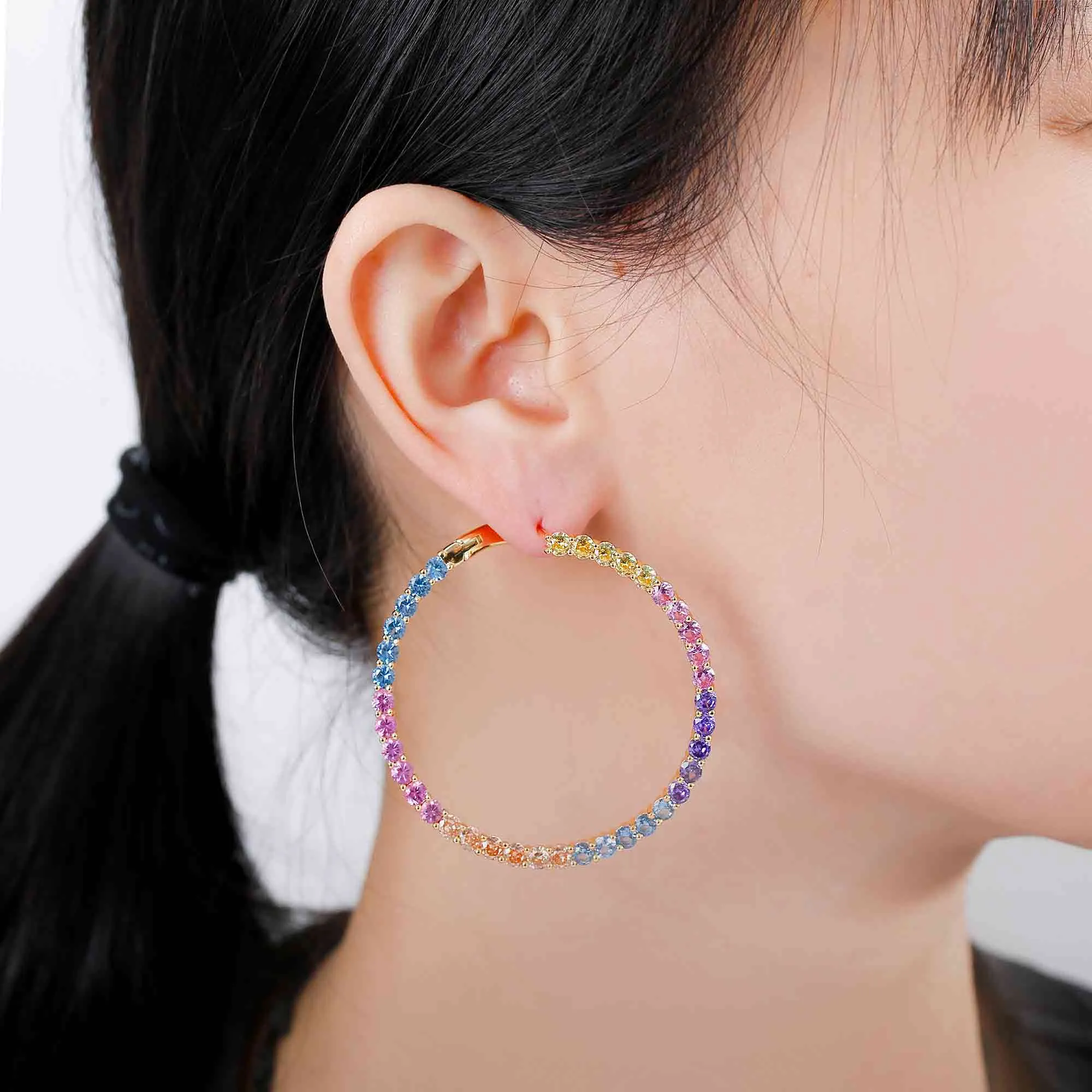 Big Round Circle Multicolor Rainbow CZ Loop Hoop Earrings