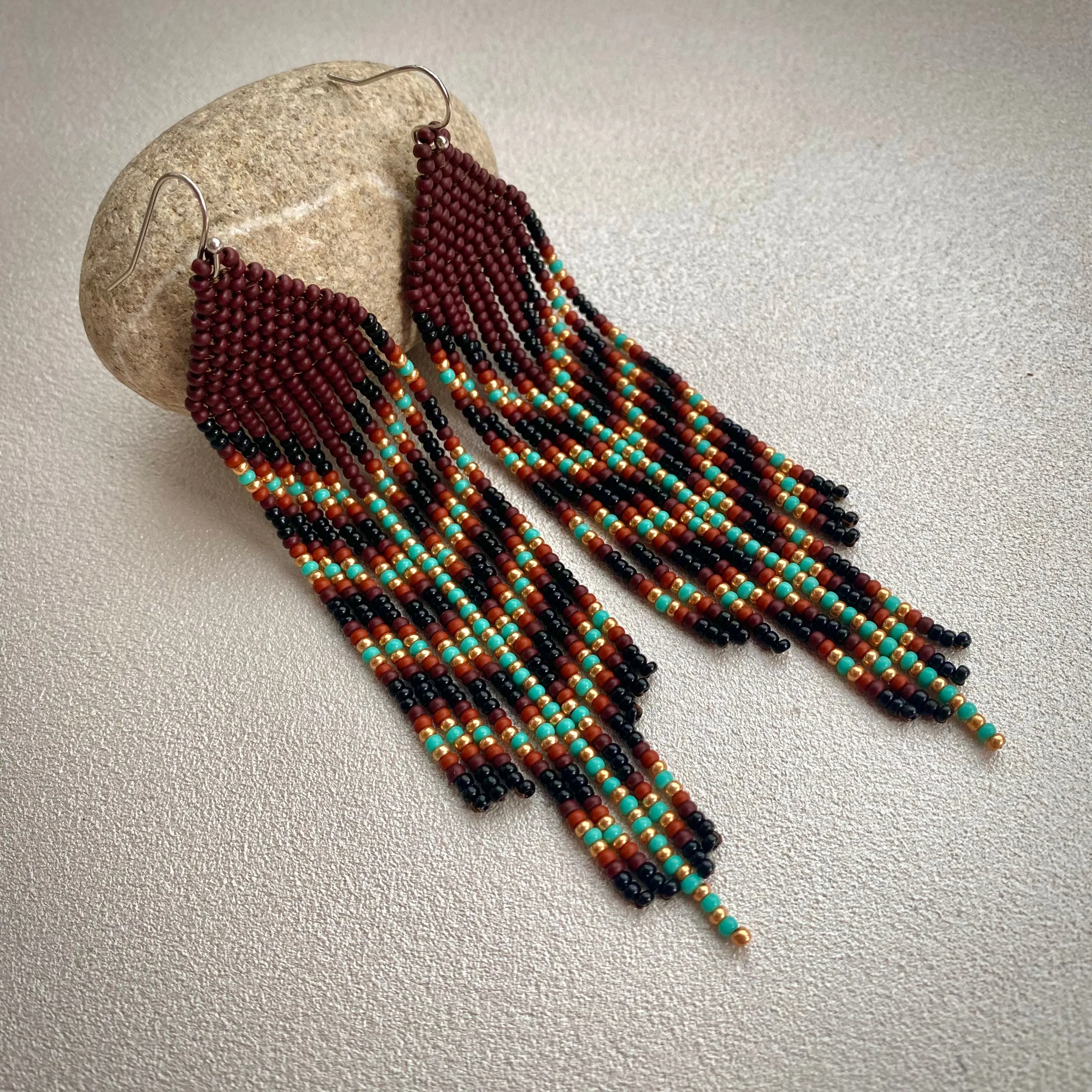 Brown Gold Turquoise Seed Bead Feather Earrings, Earthy Fringe Chandelier Earring, Very Long Dangle Western Earring