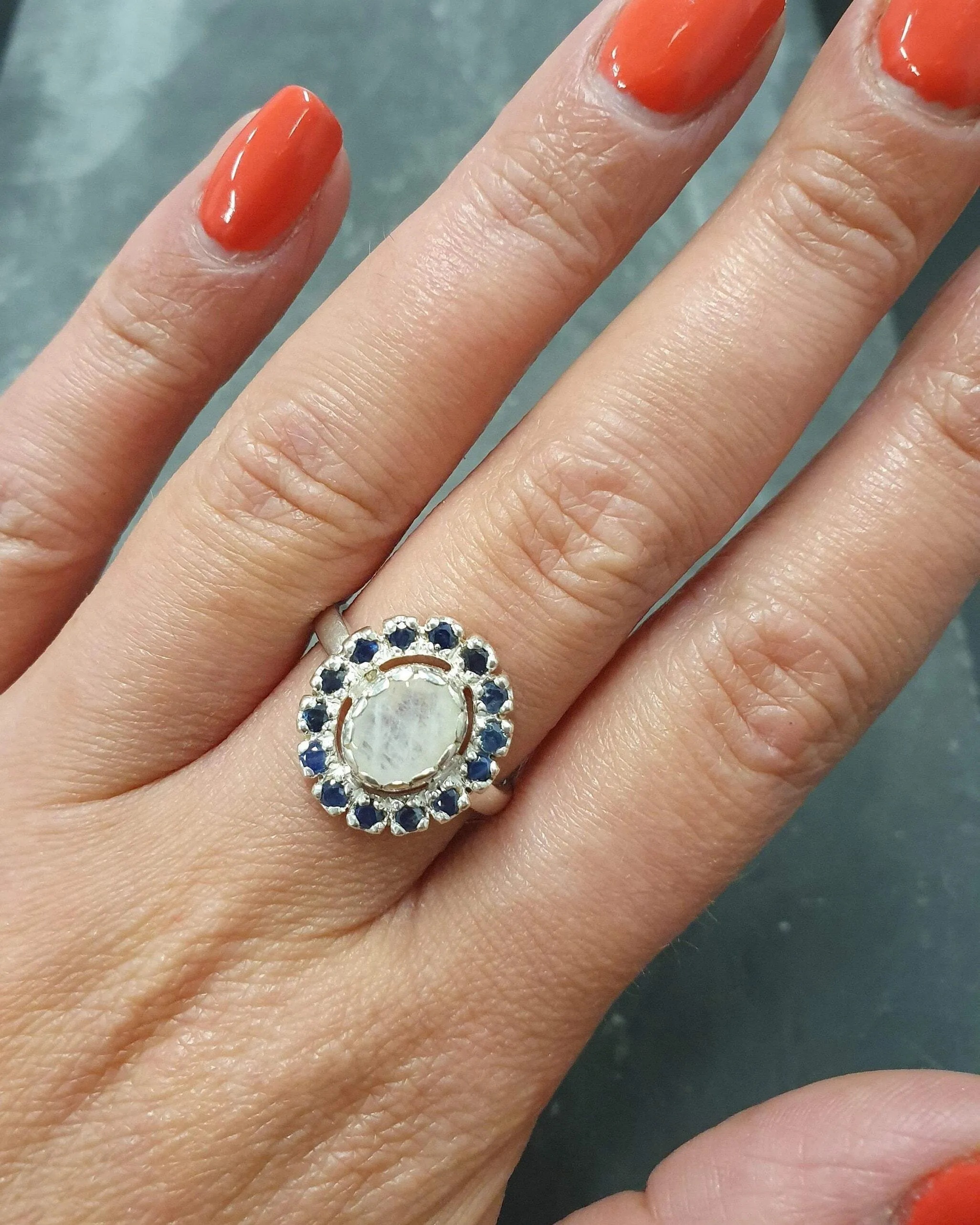 Flower Moonstone Ring - White Victorian Ring - Vintage Cocktail Ring