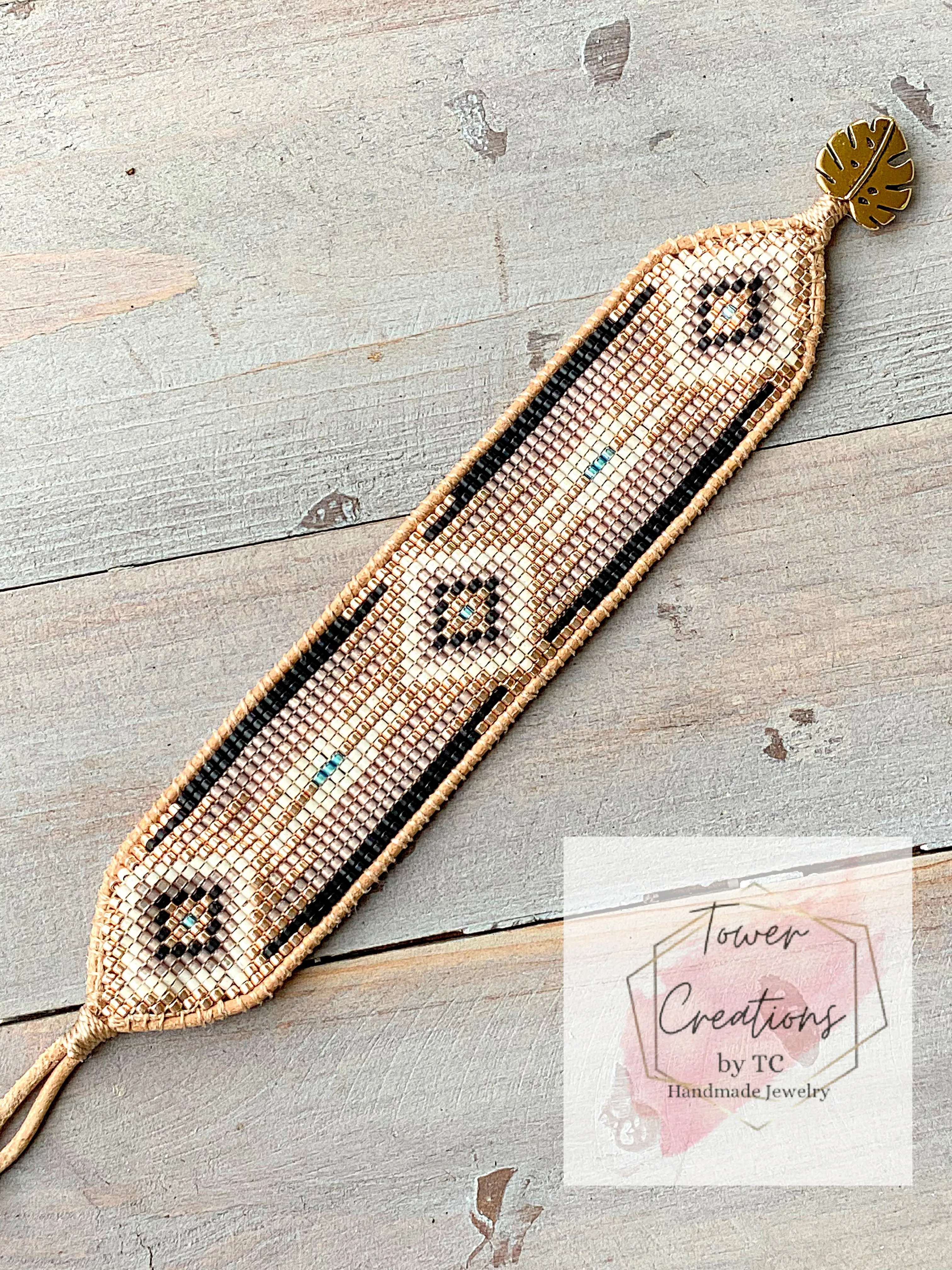 Gold, Honey Tan, and Black Bead Loom Woven Bracelet