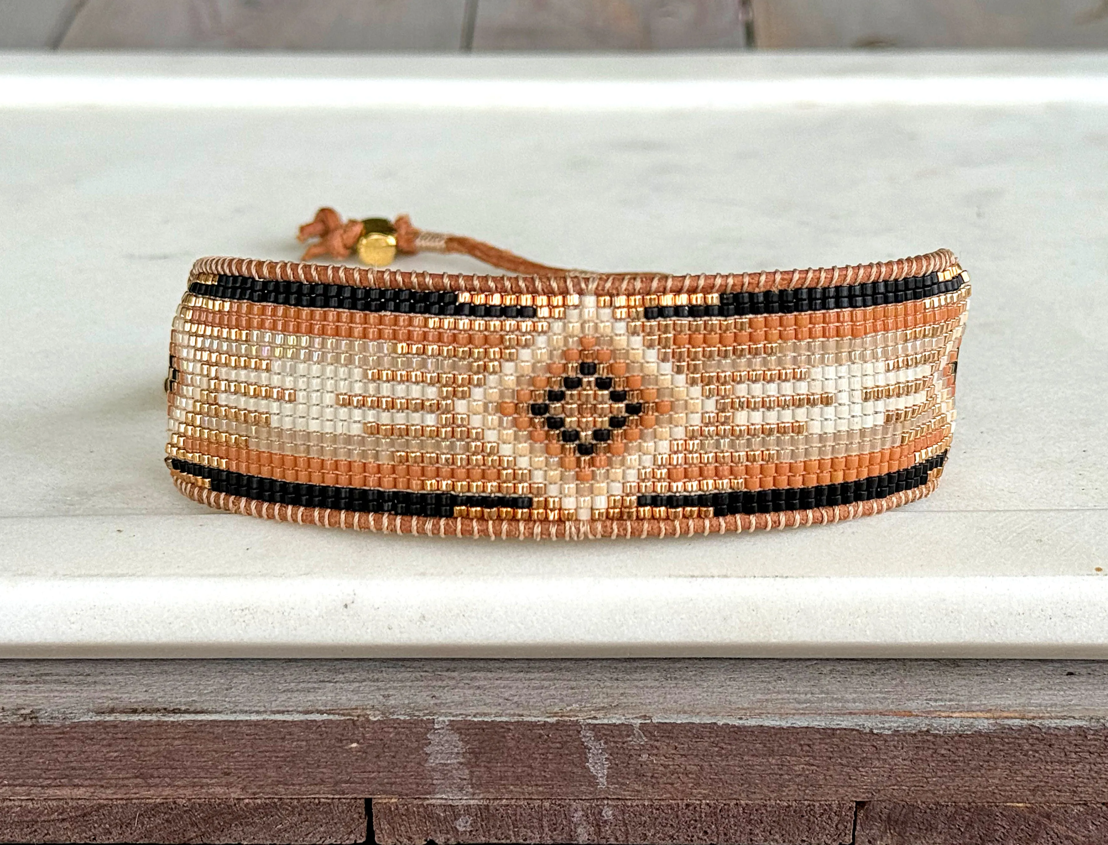 Gold, Honey Tan, and Black Bead Loom Woven Bracelet