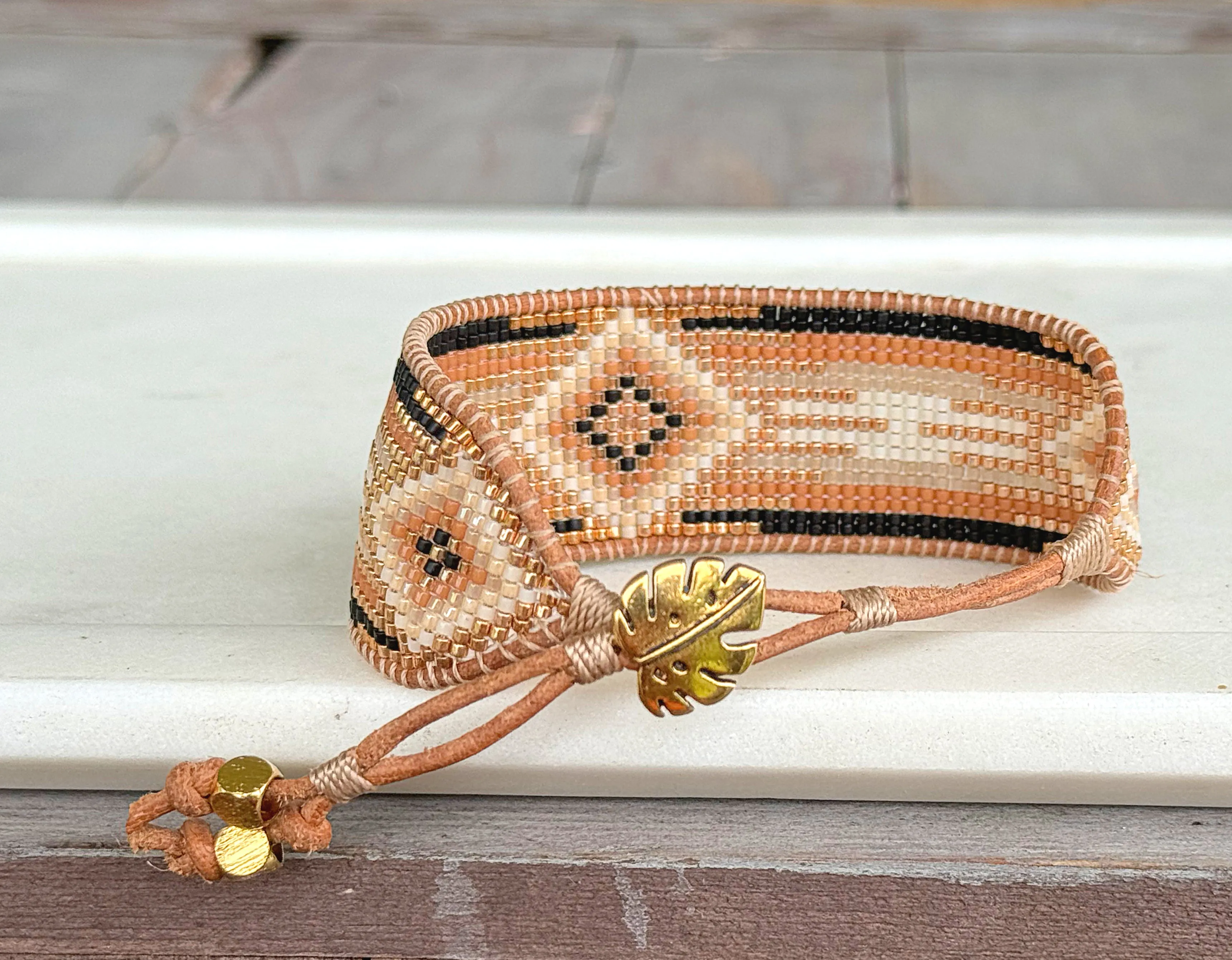 Gold, Honey Tan, and Black Bead Loom Woven Bracelet