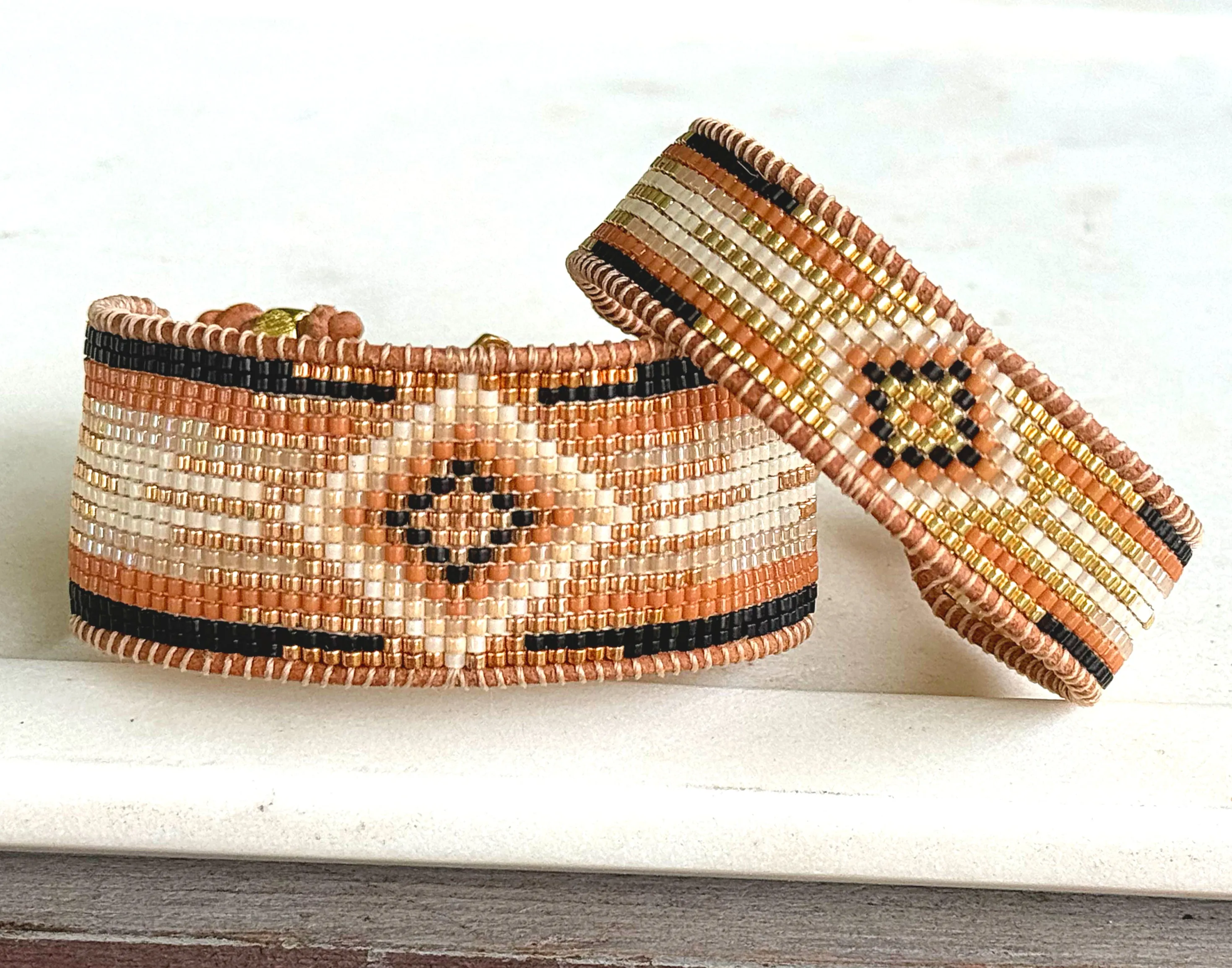 Gold, Honey Tan, and Black Bead Loom Woven Bracelet