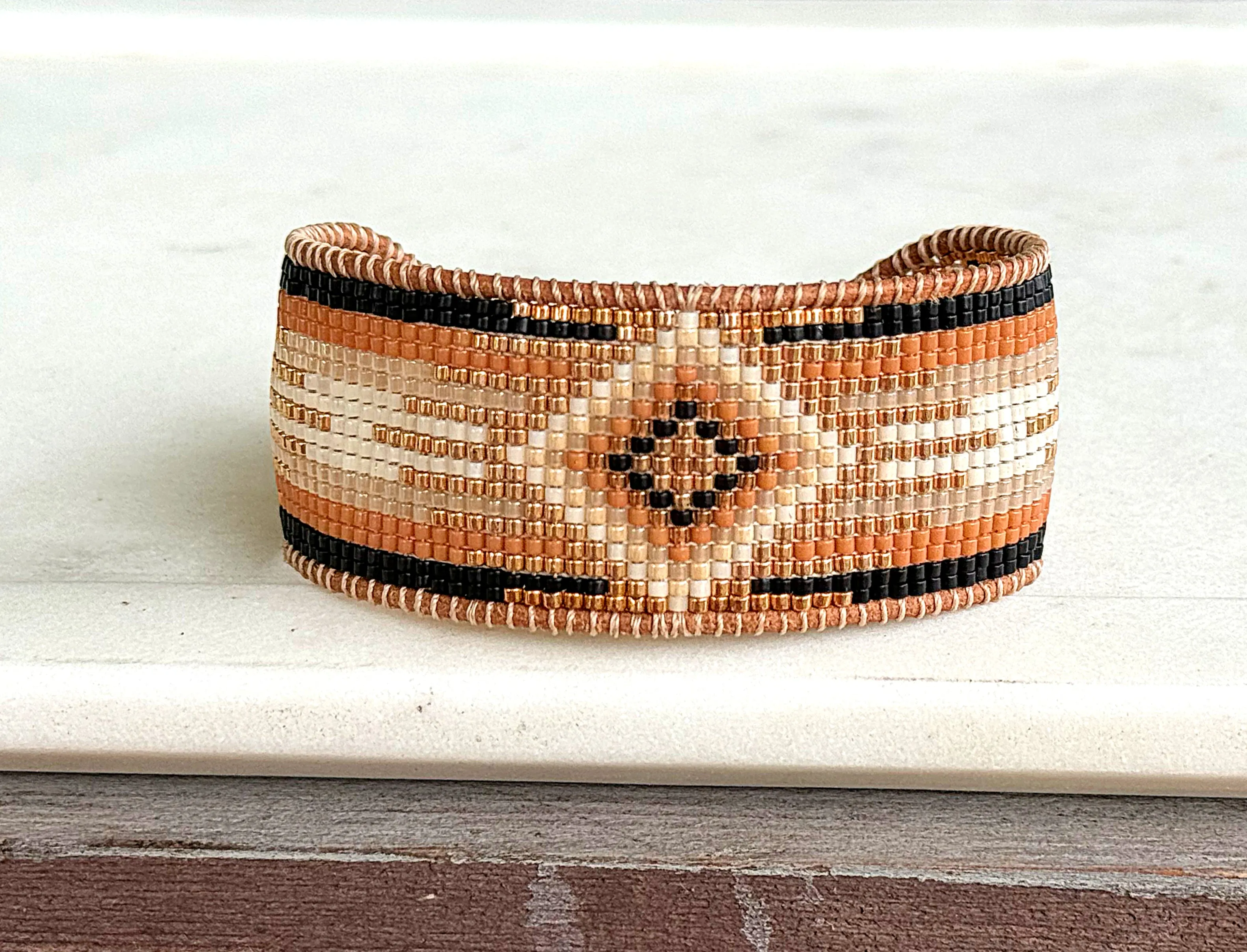 Gold, Honey Tan, and Black Bead Loom Woven Bracelet