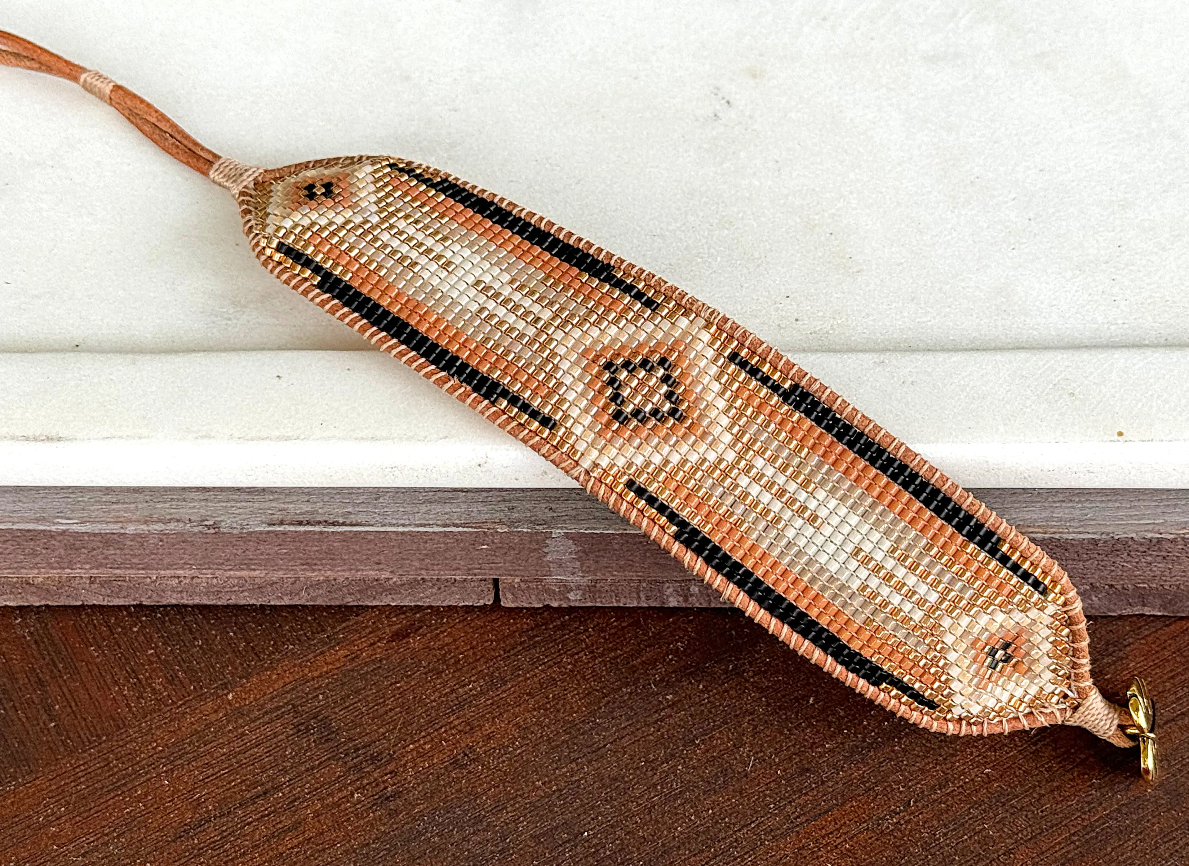 Gold, Honey Tan, and Black Bead Loom Woven Bracelet