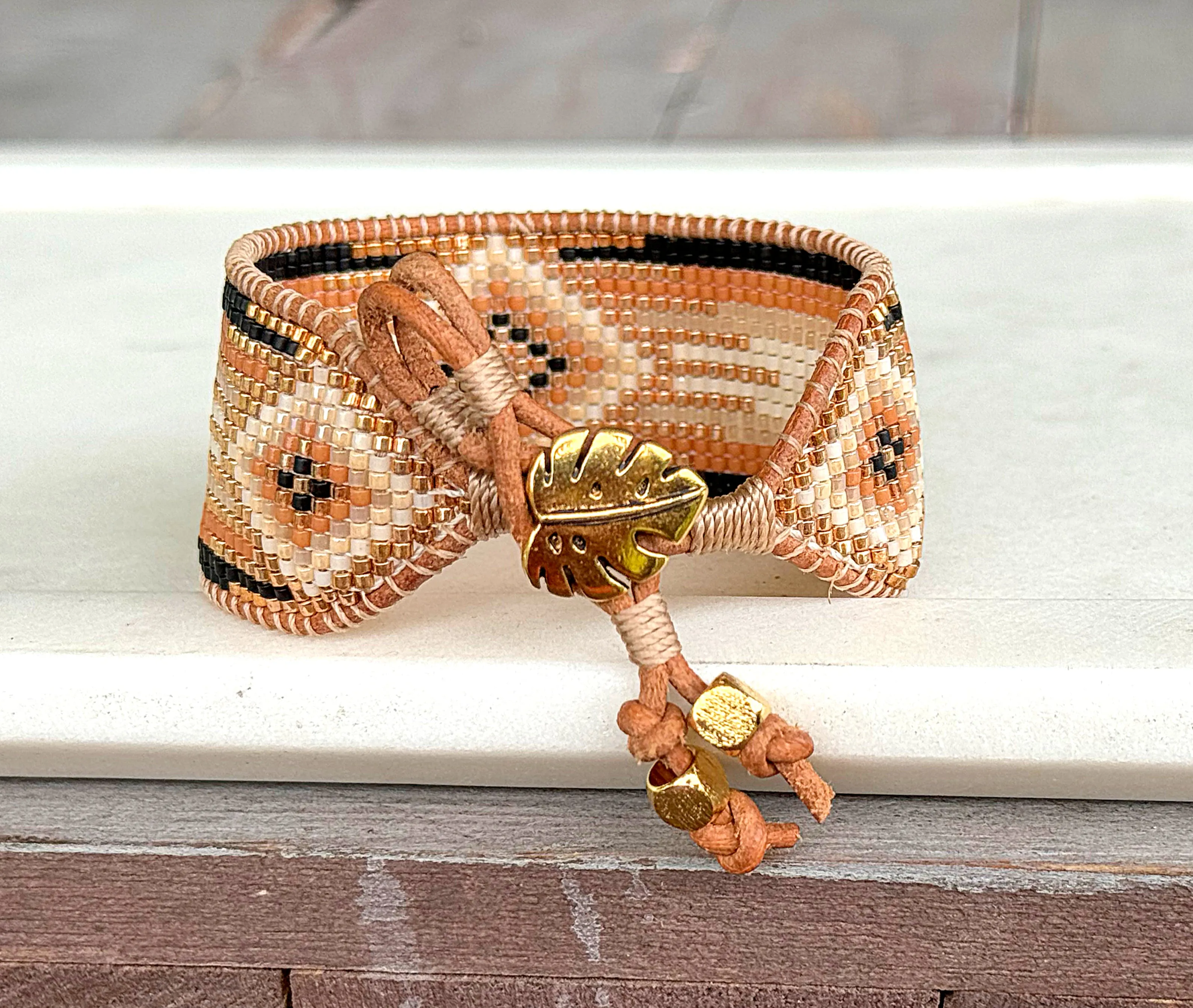 Gold, Honey Tan, and Black Bead Loom Woven Bracelet