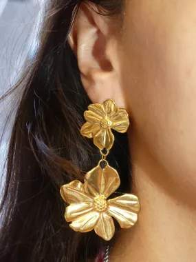 Golden Double Flower Statement Earrings 18K Gold Plated KESLEY