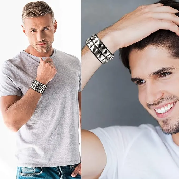 Hicarer 3 Pieces Leather Studded Punk Bracelet for Men Women 80s Studded Wristband Goth Punk Rock Bracelet Spike Rivet Cuff Bangle Unisex Metal