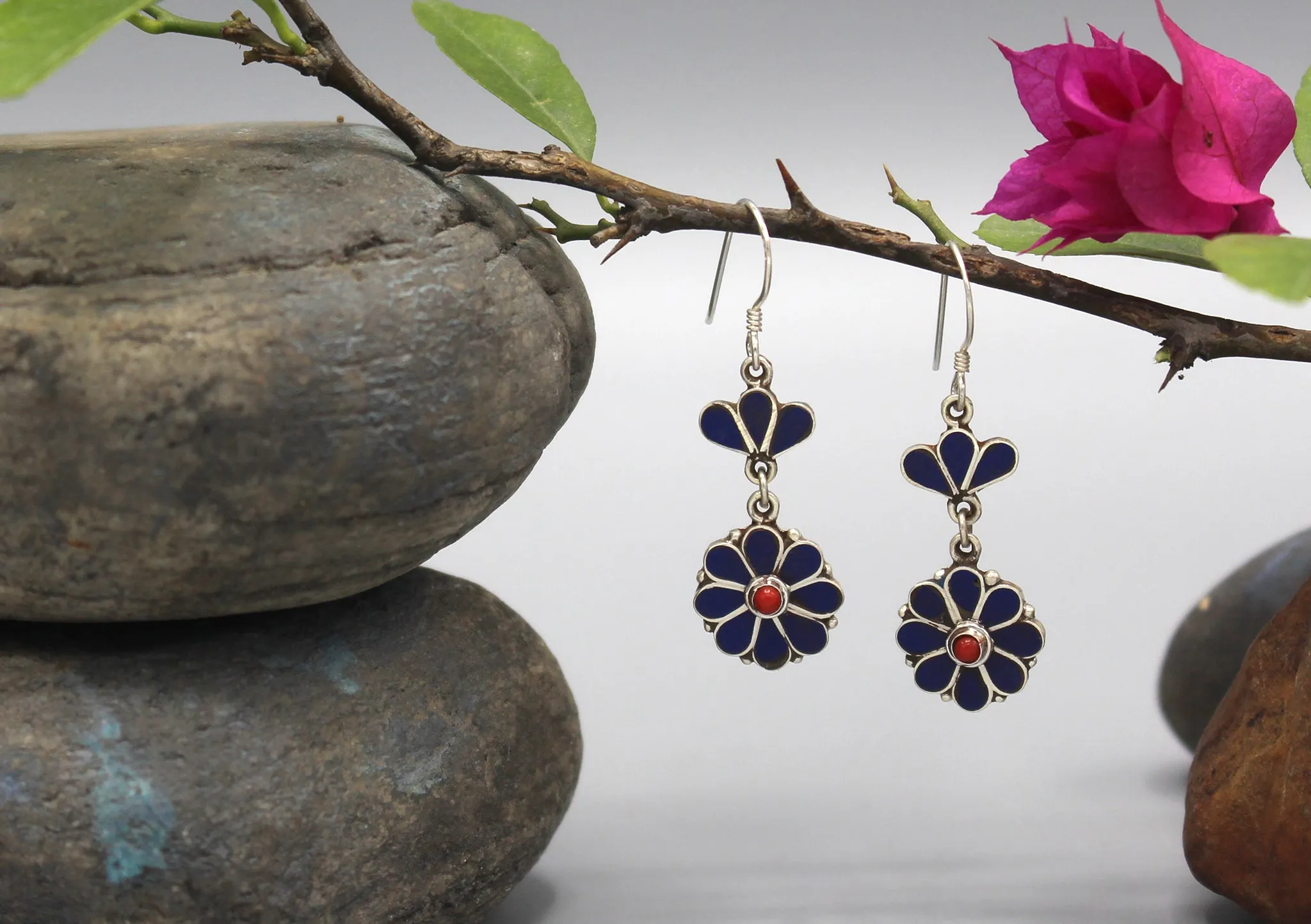 Lapis Flower Shaped Sterling Silver Earrings