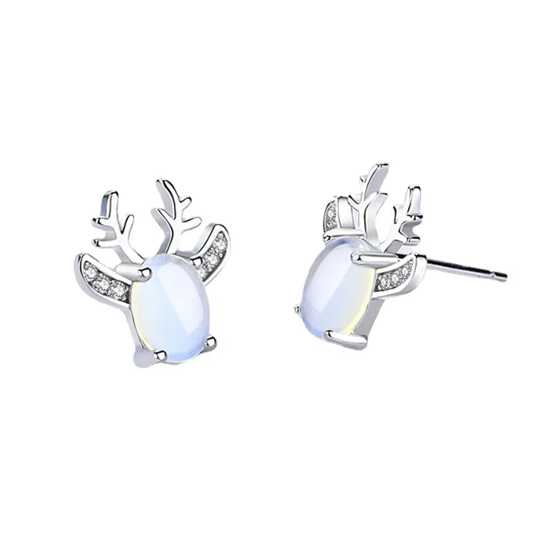 Moonstone Elk Silver Studs Earrings for Women