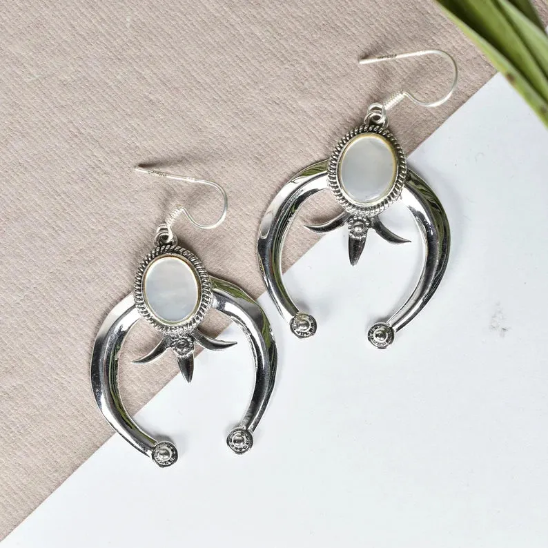 Native American Crescent Moon Rainbow Moonstone Earrings - 925 Sterling Silver Southwestern Style Earrings