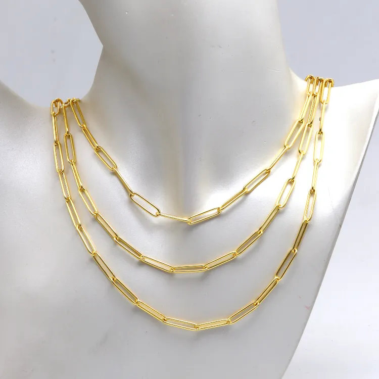Real Gold Long Round Paper Clip Chain Necklace Link Length 1.7 C.M 9482 (45 C.M) CH1233