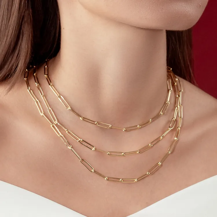 Real Gold Long Round Paper Clip Chain Necklace Link Length 1.7 C.M 9482 (45 C.M) CH1233