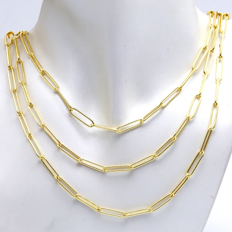 Real Gold Long Round Paper Clip Chain Necklace Link Length 1.7 C.M 9482 (45 C.M) CH1233