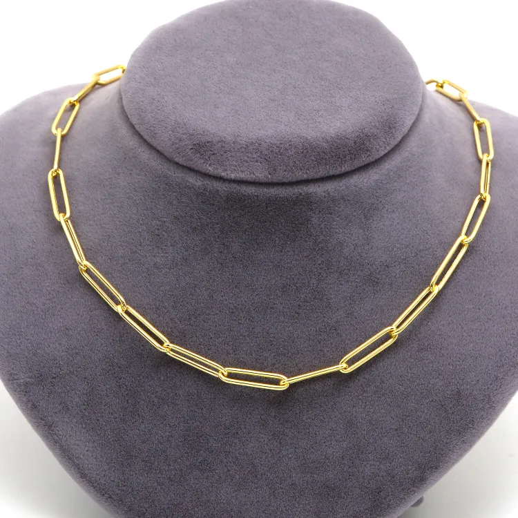 Real Gold Long Round Paper Clip Chain Necklace Link Length 1.7 C.M 9482 (45 C.M) CH1233
