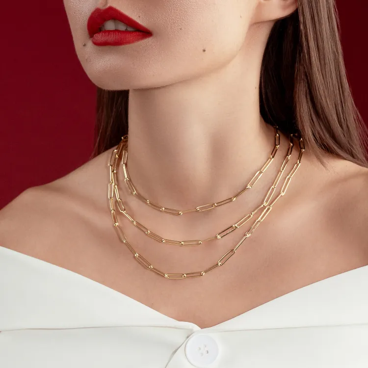 Real Gold Long Round Paper Clip Chain Necklace Link Length 1.7 C.M 9482 (45 C.M) CH1233