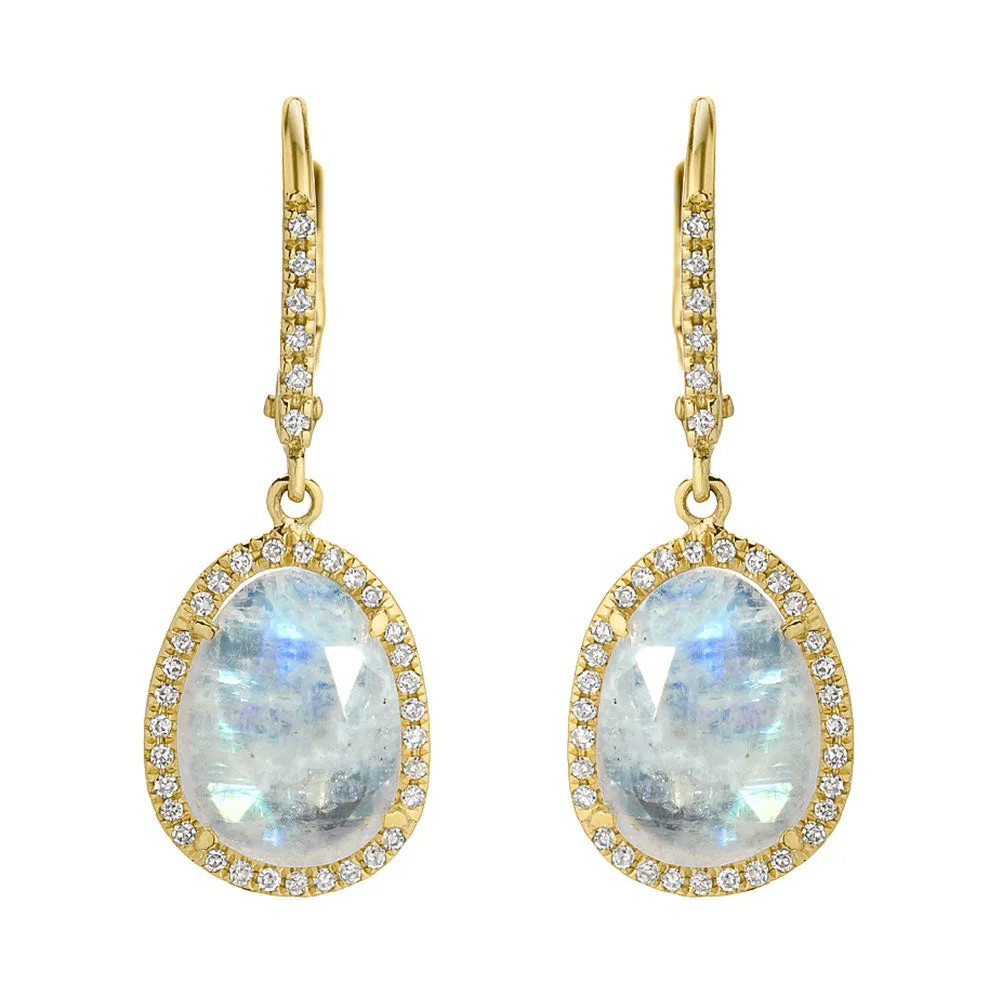 Small Organic Shape Rainbow Moonstone and Diamond Drop Earrings
