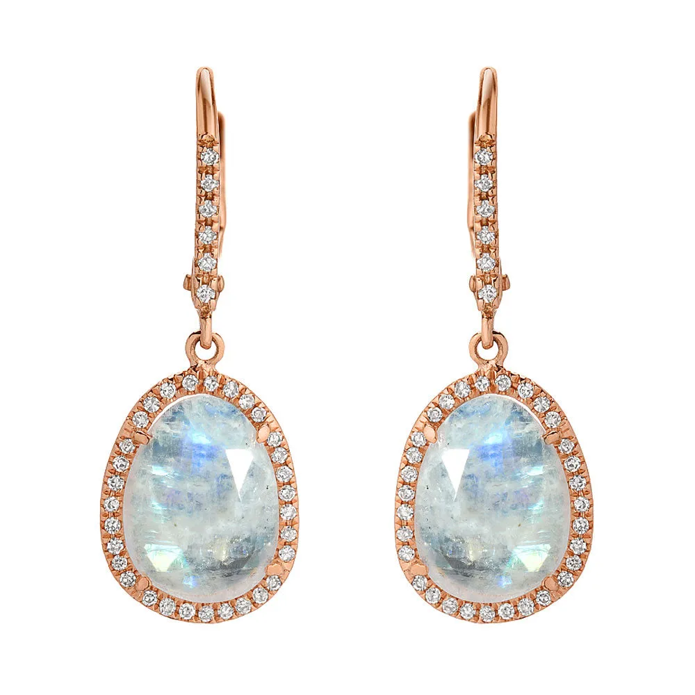 Small Organic Shape Rainbow Moonstone and Diamond Drop Earrings