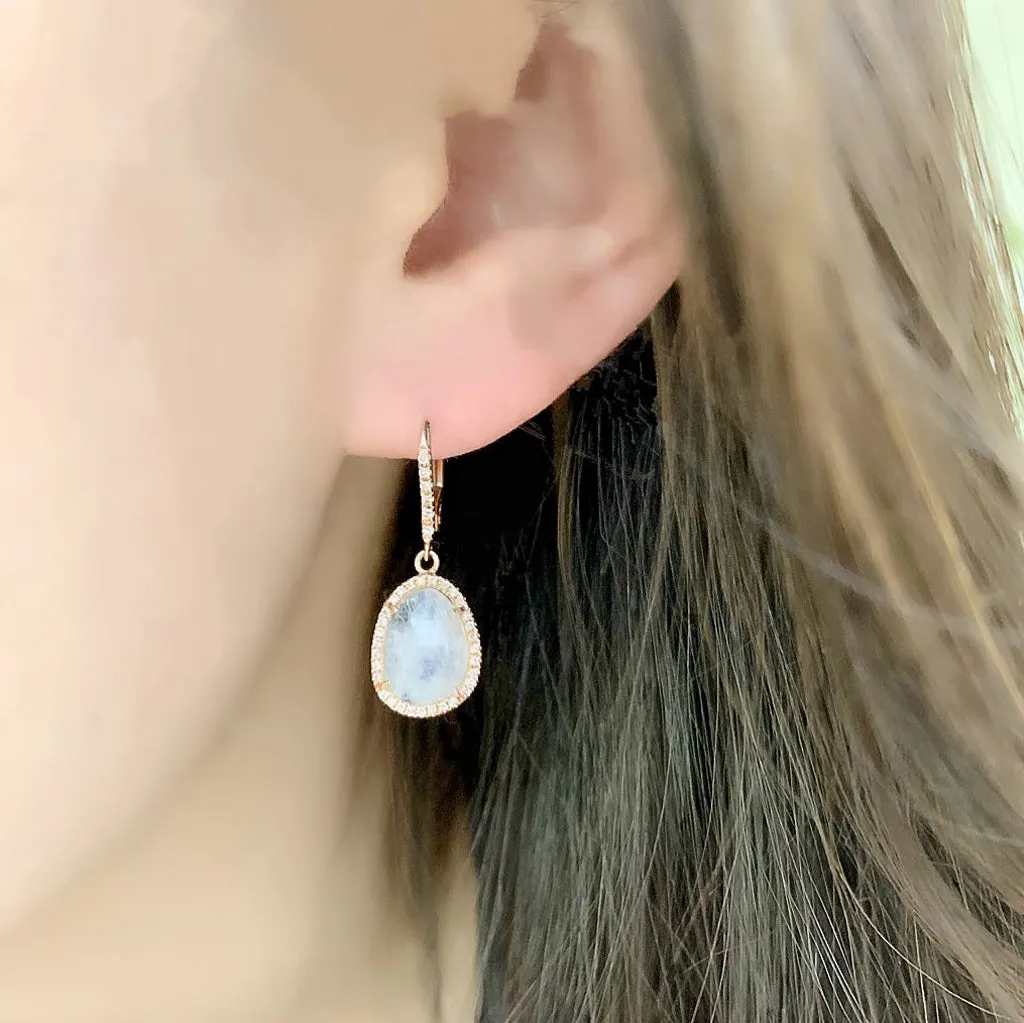 Small Organic Shape Rainbow Moonstone and Diamond Drop Earrings