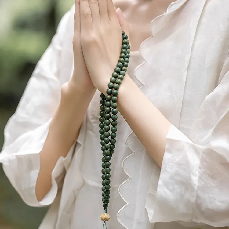 Sterling Silver Green Sandalwood Buddha Beads Bracelet Set