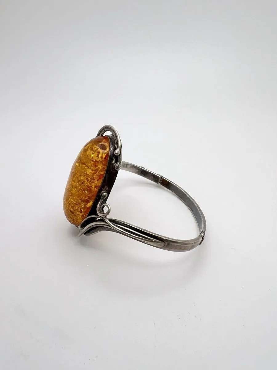 Sterling Silver Vintage Baltic Amber Bracelet 32.1g 925 Hinged Bangle