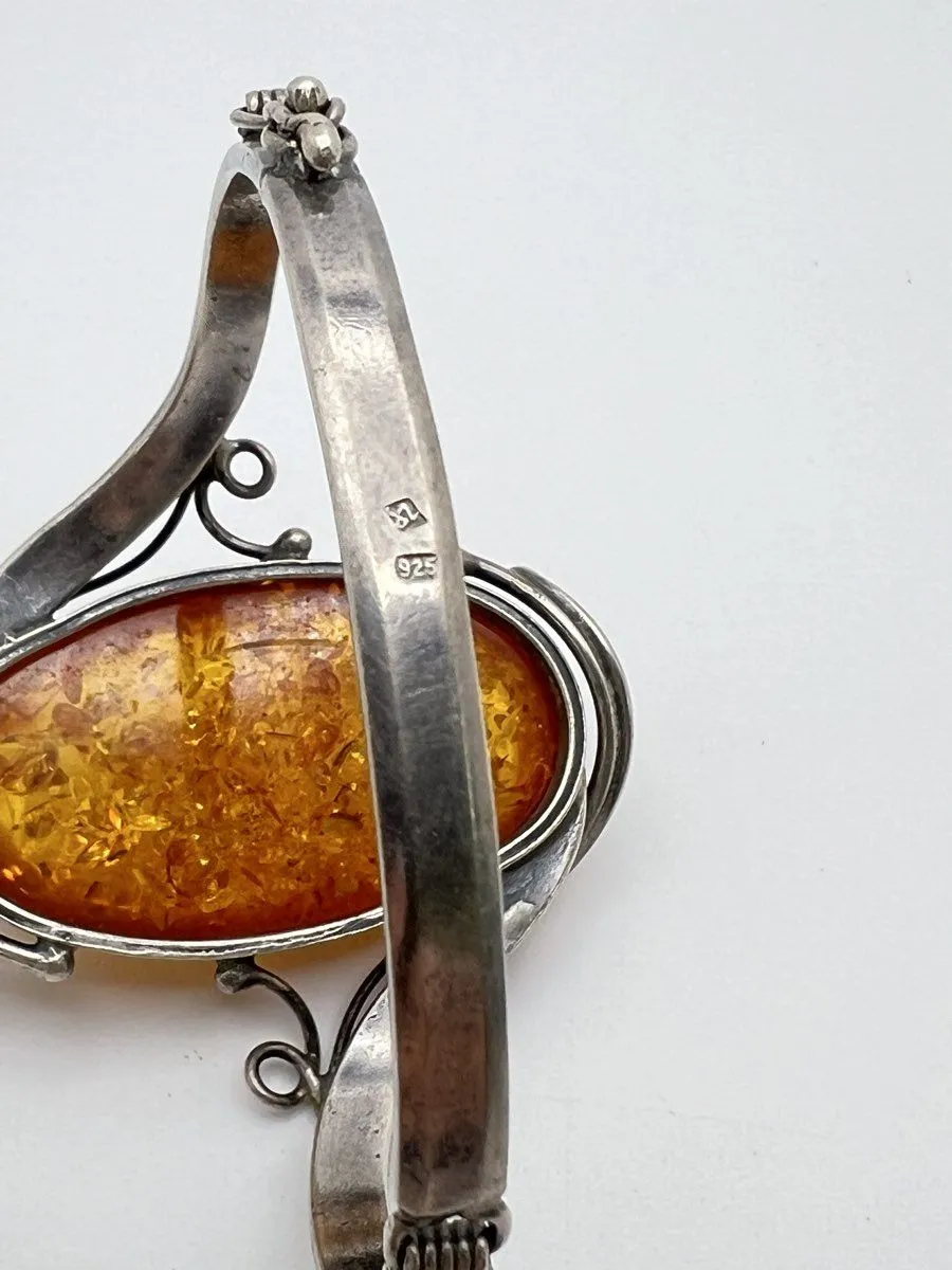 Sterling Silver Vintage Baltic Amber Bracelet 32.1g 925 Hinged Bangle