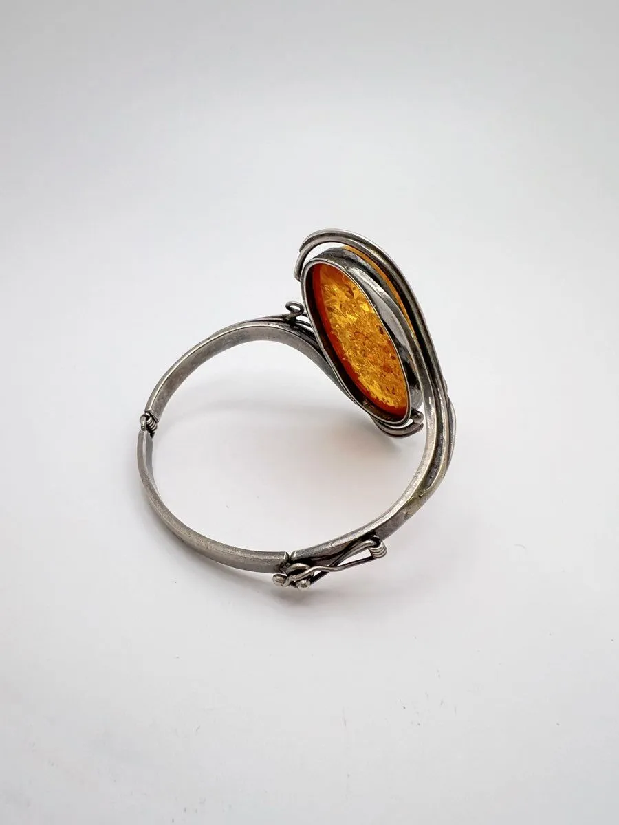 Sterling Silver Vintage Baltic Amber Bracelet 32.1g 925 Hinged Bangle