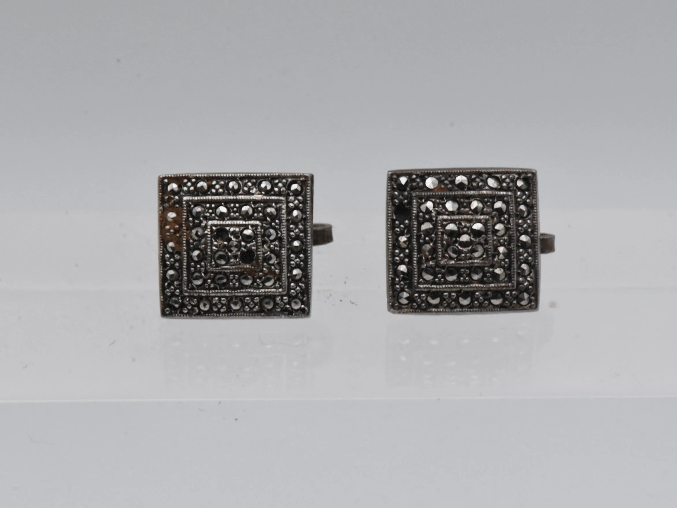 Vintage Sterling Silver Marcasite Screw Back Earrings - Missing Stones